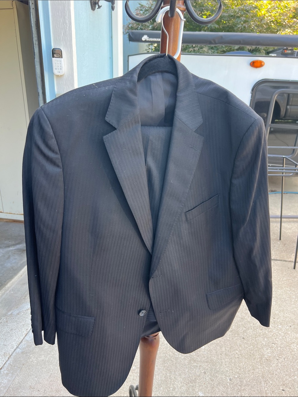 Men's Black Pinstripe Single-Breasted Suit Jacket by